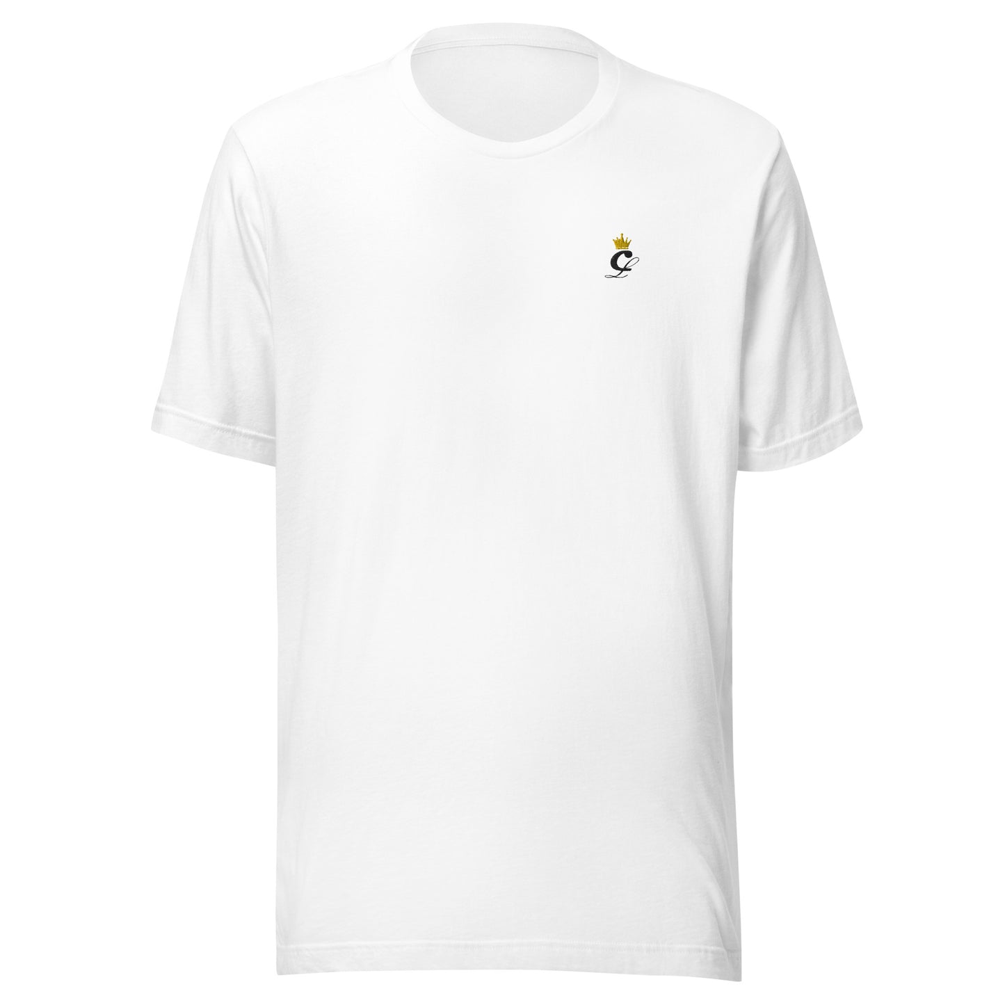 White T-shirt from CarsLuxuryGP featuring a small gold crown logo on the front left chest.