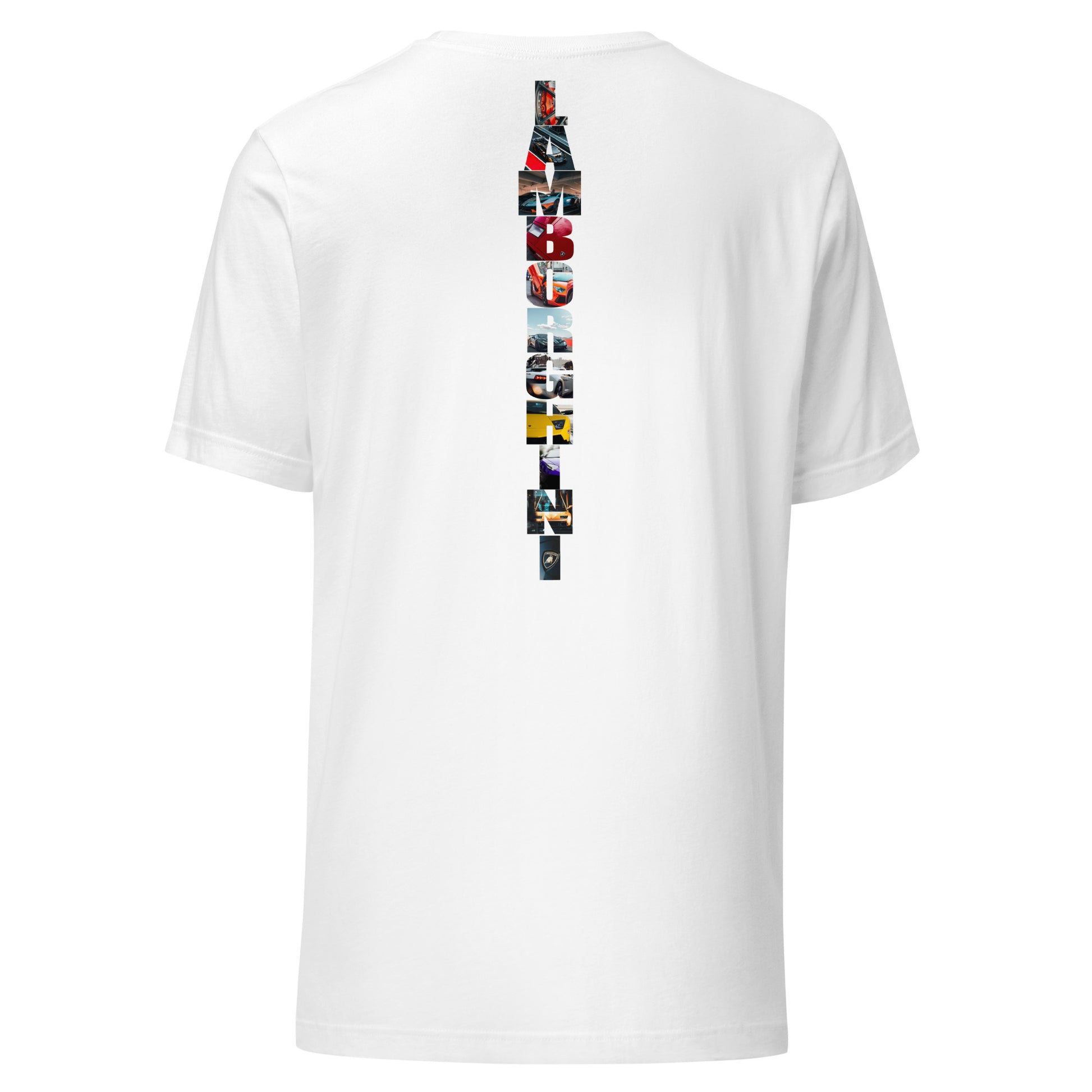 White T-shirt featuring a bold vertical 'Lamborghini' design with images of iconic Lamborghini cars on the back