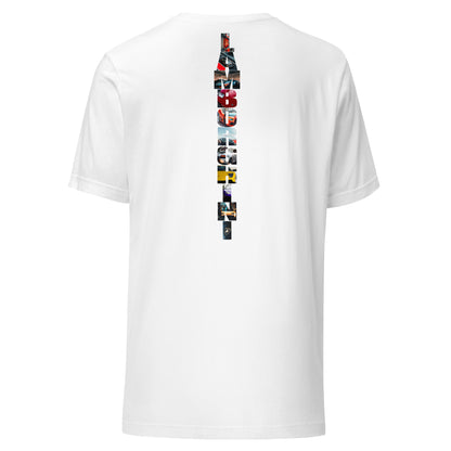 White T-shirt featuring a bold vertical 'Lamborghini' design with images of iconic Lamborghini cars on the back
