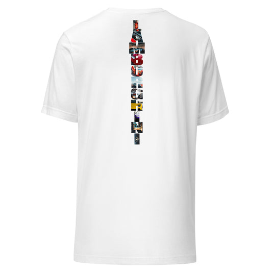 White T-shirt featuring a bold vertical 'Lamborghini' design with images of iconic Lamborghini cars on the back