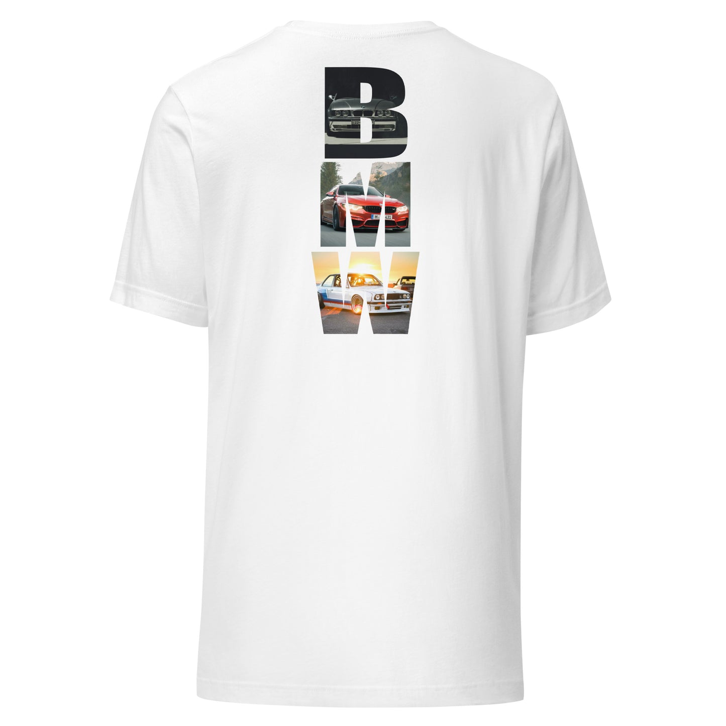 White T-shirt featuring bold vertical 'BMW' design with images of iconic BMW cars on the back.
