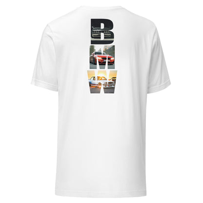 White T-shirt featuring bold vertical 'BMW' design with images of iconic BMW cars on the back.