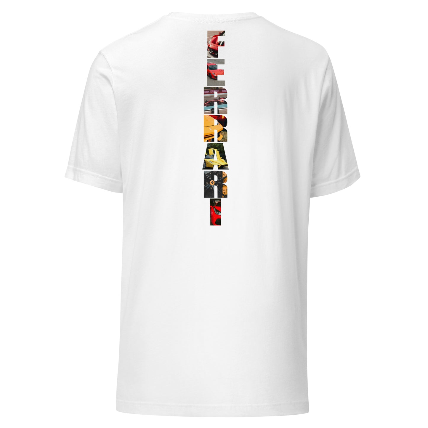 White T-shirt with bold vertical 'Ferrari' design featuring images of iconic Ferrari cars on the back.