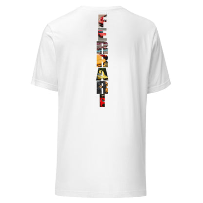 White T-shirt with bold vertical 'Ferrari' design featuring images of iconic Ferrari cars on the back.