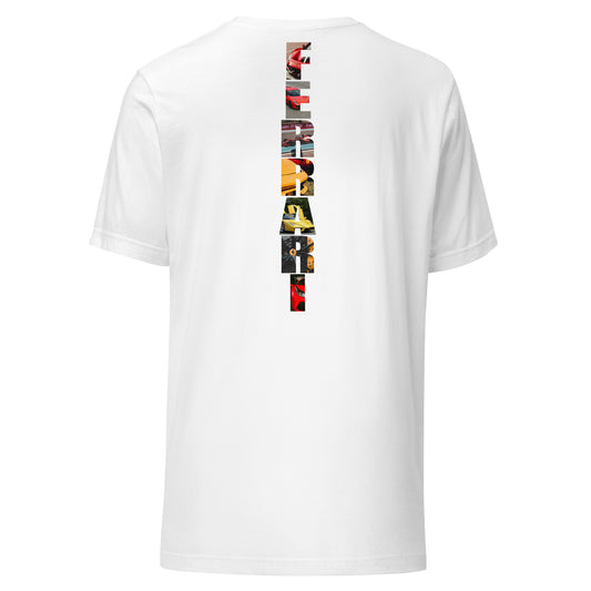 White T-shirt with bold vertical 'Ferrari' design featuring images of iconic Ferrari cars on the back.