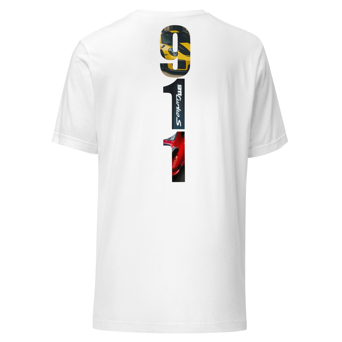 White T-shirt featuring a bold vertical '911' design inspired by the Porsche 911, with images of iconic sports cars on the back.