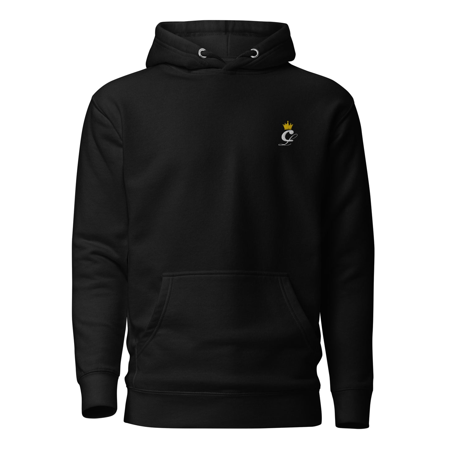Black hoodie with CarsLuxuryGP logo and gold crown embroidered on the front