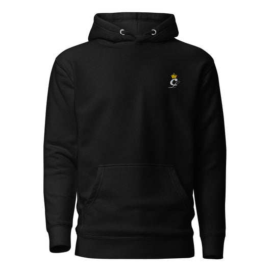 Black hoodie with CarsLuxuryGP logo and gold crown embroidered on the front